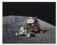 Gene Cernan Signed 10'' x 8'' Photo Exploring the Lunar Surface During Apollo 17 -- ''...Leaving Challenger to Explore the Moon...''